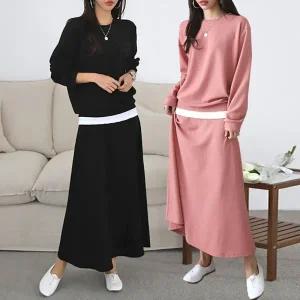 여성 무지 레이어드 맨투맨 긴팔 티셔츠 플레어 롱스커트 세트 꾸안꾸 투피스 셋업 -WSST0031- 봄 가을