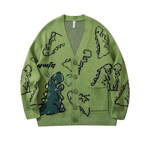 플라이고 남성 공룡 스웨터 오버사이즈 니트 카툰 버튼 다운 카디건