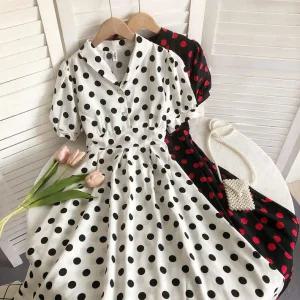 땡땡이원피스 물방울 원피스 벨티드 브이넥 반팔 퍼프