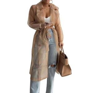 CHICME 2025 여성 롱라인 트렌치코트 쉬어 메시 슬리브 버튼 코트 벨트가 있는 투명 재킷 코트