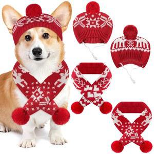 후미 2세트 크리스마스 강아지 의상 모자 니트 스카프 겨울 따뜻한 귀여운 반려동물 액세서리 고양이용 (중간, 빨간색)