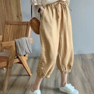 엄마 여름 마 하의 바지 린넨 화이트 여성 7부 조거 중년