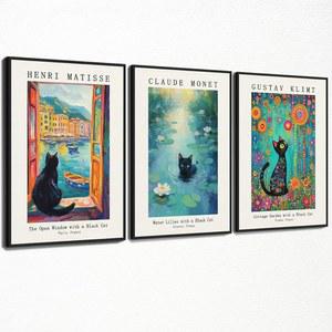 고양이 캔버스 월 아트, 유명한 유화 포스터 속 검은 3pcs, 클로드 모네 수련 프린트, 앙리 마티스 열린 창문 그림, 구스타프 클림트 정원 동물 8x12인치 액자 없음