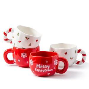 유미플러스 4개 귀여운 세라믹 커피 머그잔, 9.4OZ 수제 도자기 티 말차용 컵 세트, 식기세척기 및 전자레인지 금고, 크리스마스 선물(메리 크리스마스)
