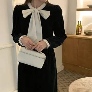 [하프클럽/르뚜앙]차밈 겨울 벨벳 리본 하객원피스 연말 크리스마스 블랙 프릴 롱 원피스