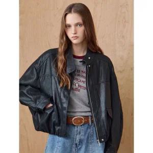 [마쟈]페이크 레더 체크 배색 하이넥 블루종 점퍼_P407107953