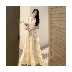 여성 데일룩 원피스 쉬폰 윈난 해변 바캉스 브이넥 홀터넥 오프숄더 케이크 롱스커트 DAOL1