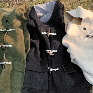 핫핑 [울71.5%/우드더플] 라미데 후드 하이넥 핸드메이드 더플 배색 울 하프코트