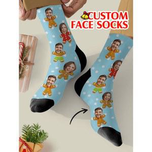 맞춤 사진 커플 양말 개인 얼굴 파란색 인쇄 재미있는 기념일 선물 크리스마스