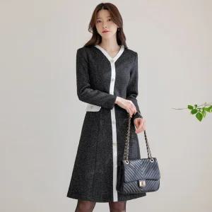 [시크라인] (~XXL까지) 펠리아다 진주버튼장식 트위드 원피스 겨울 하객룩 오피스룩 모임룩 격식룩 연말룩 빅사이즈