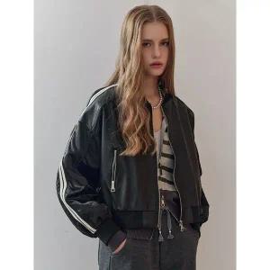 [마쟈]사이드 라인 페이크 레더 배색 블루종 점퍼_P411859291