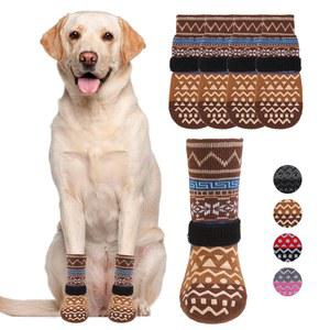 하드우드 바닥 미끄럼 방지용 발을 핥는 것을 방지하는 쿨테일 양말 있는 겨울용 따뜻한 반려동물 부츠 보호기 소형 중형 대형 시니어 카키 XS용 양면 신발