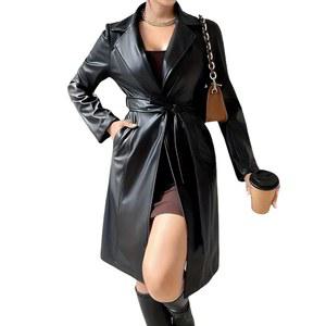 Z X 여성 블랙 가죽 트렌치코트 롱 재킷 슬리브 오토바이 바이커 벨트