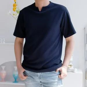 구김없는 남자 링클프리 엠보 슬릿넥 반팔 티셔츠 V넥