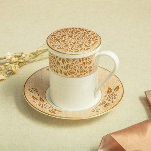 [한국도자기] 본차이나 골드 궁 받침뚜껑머그세트 1인용(3p)