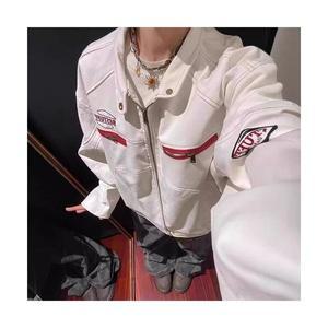 EAMT 남자 항공 점퍼 화이트 숏 레더 코트 추동 라이더 차이나넥 자수 재킷 EUNG4