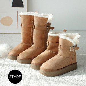 [바닐라슈] 라이콘 2TYPE 스웨이드 벨트장식 플랫폼 통굽 미들롱부츠(4cm)