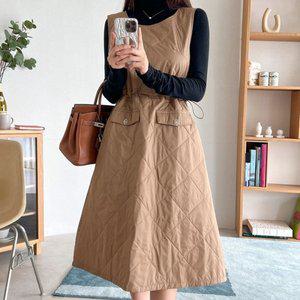 [옷자락]여자 퀼팅 뷔스티에 라운드넥 허리조절 패딩 롱원피스