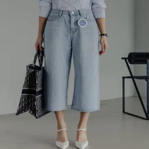 여성 난스판 뒷밴딩 8부 와이드 데님팬츠 통청바지