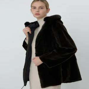 닥스 여성 24FW [밍크FUR][리버시블] 블랙 후드 양가죽 배색 위즐&타프타 하프 코트 DLCO4D863BK
