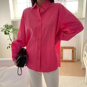 [VY] 여자 색상 카라넥 빅사이즈 박스핏 SS 롱 핫핑크 셔츠_16259606_588847