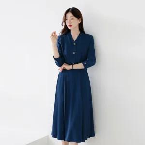 [시크라인] (~XXL까지) 에린느 브이넥 핀턱 플리츠 원피스 가을 하객룩 오피스룩 모임룩 격식룩 빅사이즈