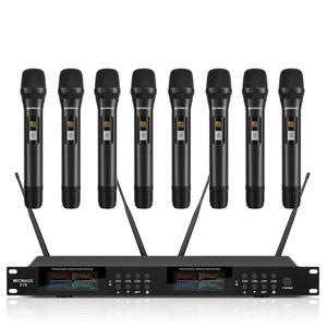 마이크노 무선 마이크 시스템, 금속 핸드헬드 및 수신기가 장착된 프로 8채널 UHF 세트, 200개의 조절 가능한 주파수, 노래, 교회, 노래방, 파티를 위한 300피트 범위