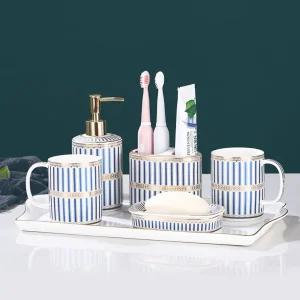 욕실 디스펜서 고급 세라믹 비누 홀더 양치 컵 세트 욕실5세트 -블루