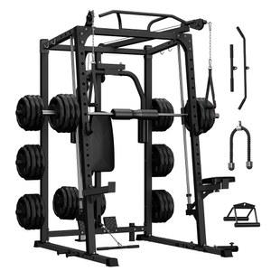 홈 체육관용 스미스 머신, 케이블 크로스오버 머신 및 가슴 스테이션이 있는 스미스 머신, 모두 원 홈 체육관 시스템 전원 랙에 차고용으로 제공됩니다