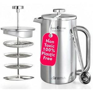 지루마 무독성 프렌치 프레스, 용 스테인리스 스틸 커피 플라스틱 프리, 중금속 내분비 교란 물질 없음, 34온스, 이중 벽, 4겹 필터, 휴대용 메이커