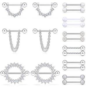 SCERING 14G 스테인리스 스틸 클리어 CZ 쉴드 니플 링 텅 바벨 여성용 리테이너 바디 피어싱 보석 12-18PCS