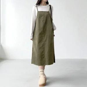 [탑온탑] 잔골 코듀로이 멜빵 롱 원피스