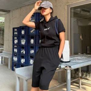 [하프클럽/]여자 슬림 캥거루 반팔후드티 츄리닝 버뮤다팬츠 세트