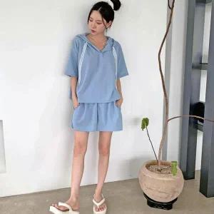 [하프클럽/]여자 데일리 레이스끈 후드 반팔티 반바지 세트