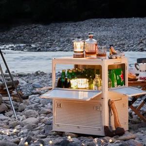 폴딩 캠핑 테이블 박스 오픈도어 우드 상판 다용도 수납 공간 이동식 정리함