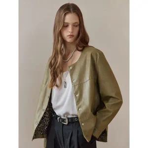 [마쟈]라운드 카라 페이크레더 자켓 베이지 브라운 카키 _P406078415