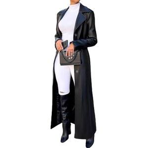 트크레미사 여성용 긴 가죽 재킷 소매 싱글 가슴 인조 트렌치코트 중간 길이 모터사이클 코트