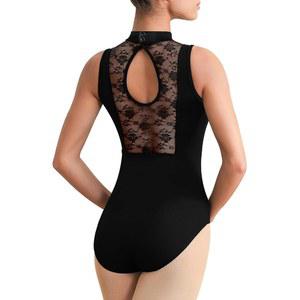 헤네벨 여성 터틀넥 발레 댄스 레오타드 블랙 탱크, 체조 댄스웨어, 가슴 패딩, 레이스 할로우