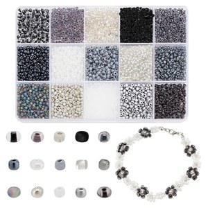 PH PandaHall 4742pcs 15가지 색상 3mm 시드 비즈 8/0 작은 유리 공예 원형 허리 스페이서 키트 DIY 귀걸이 팔찌 장신구 제작, 블랙/화이트/그레이