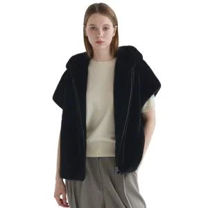 몰리올리 여성베스트 인조퍼 여성조끼 조끼 후드-블랙-M/L