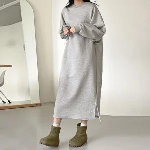 국산 여성 라운드 기모 벌룬 옆트임 롱원피스 LL-WDR-5025-그레이