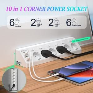 유럽형 멀티 플러그 데스크탑 6구 AC 콘센트 6개 스위치 포함 및 4개 USB 포트 가정용 2m 연장 케이블