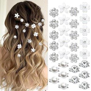 SAWINDA 30PCS 미니 화이트 플라워 헤어 클립 작은 라인스톤 핀 귀여운 필 로즈 플로럴 바렛 웨딩 브라이덜 걸 액세서리