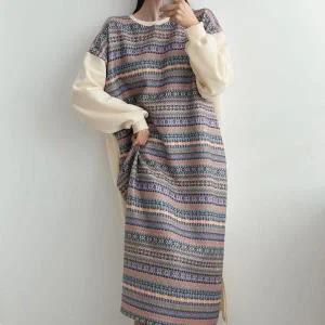 [신세계라이브쇼핑][옷자락] 여자 패턴 스웨터 옆트임 빅사이즈 배색 니트 롱원피스