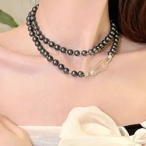 [골드스마일]이중 롱 핵진주 자연주의 길이조절 레이어드 패션 목걸이 긴 흑진주