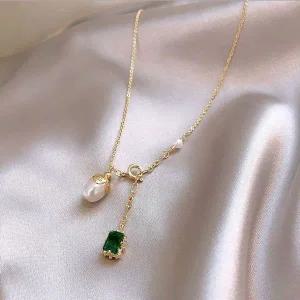 [골드스마일]담수진주 써지컬 패션 진주 그린 골드 목걸이 에메랄드 비즈