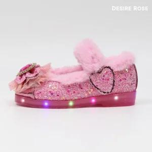 [디자이어로즈] 여아구두 LED 라이팅 털 플랫슈즈