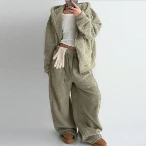 [신세계라이브쇼핑][옷자락] 여자 겨울 양털 투웨이 후드집업 루즈 와이드팬츠 세트