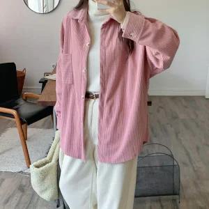 [신세계라이브쇼핑][옷자락] 여자 골덴남방 포켓 박시 오버핏 힙커버 분홍색 셔츠