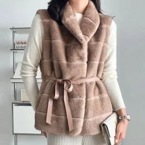 [신세계라이브쇼핑][옷자락] 여자 연말룩 파티룩 리본 허리끈 줄무늬 인조밍크 조끼